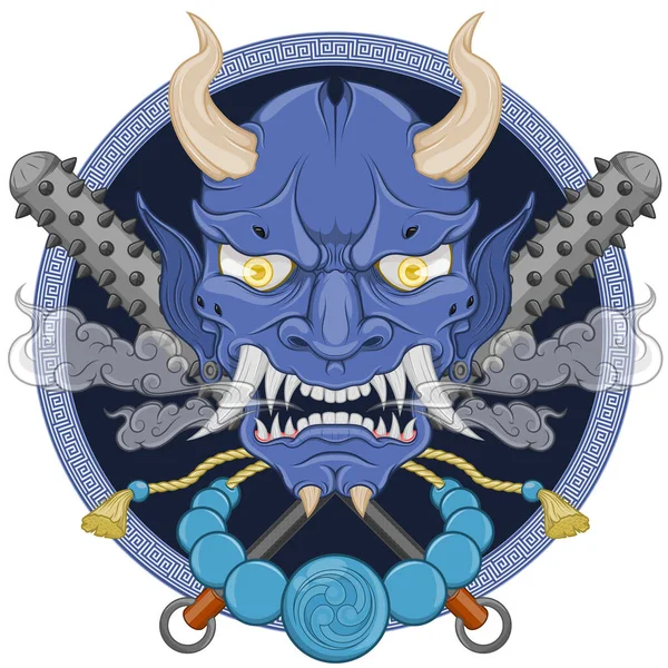 Hannya Maschera Vettoriale Design Giapponese Oni Demone Con Kanabo Tomoe — Vettoriale Stock