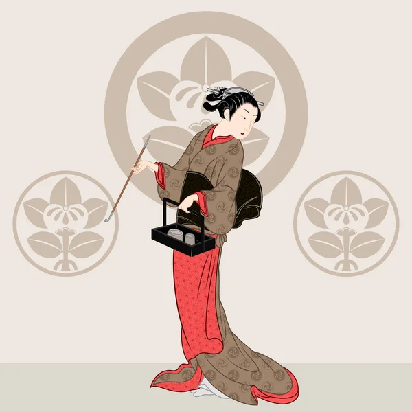 Mujer Japonesa Que Usa Kimono Geisha Diseño Tradicional Del Vestido — Vector de stock