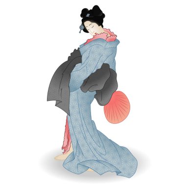 Kimono ve yelpazeli Japon kadının vektör tasarımı, kimonolu geyşa ve geleneksel Japon sanatı hayranı.