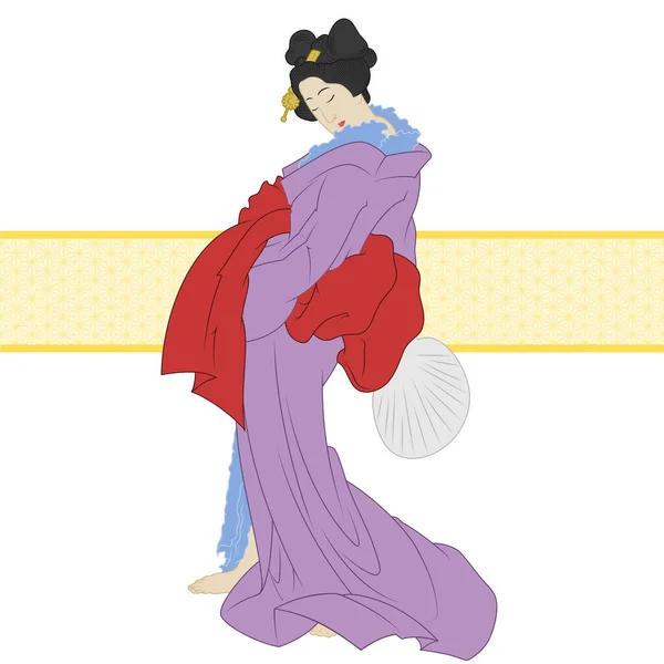 Векторный Дизайн Японской Женщины Кимоно Веером Гейша Кимоно Фанат Традиционного — стоковый вектор