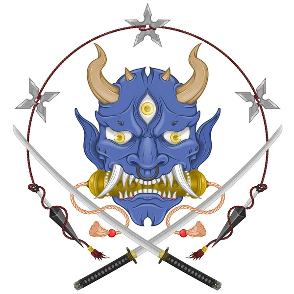 Vector Illustration Kabuki Mask Hannya Japanese Oni Demon Katana Kunai — Stockvector