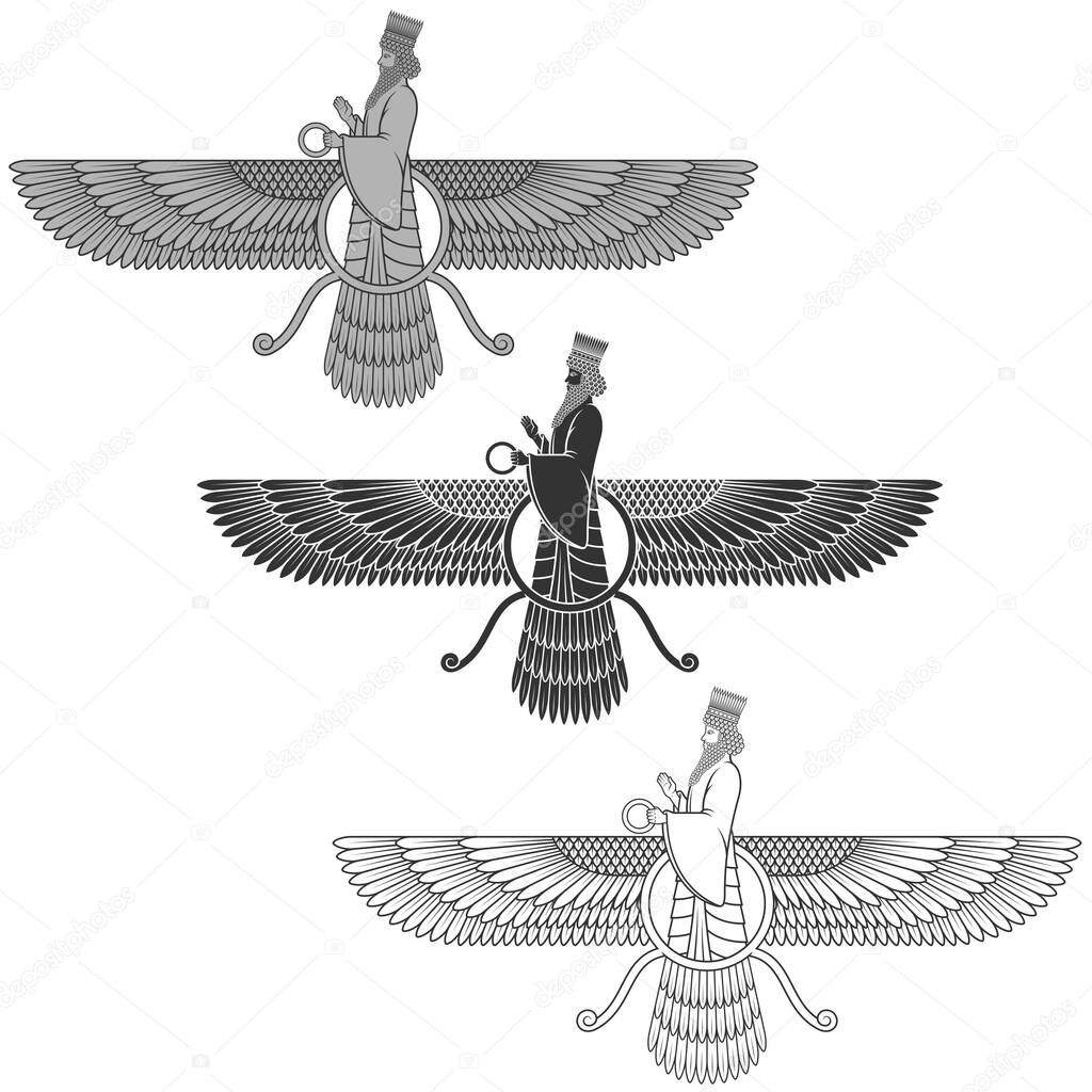 Zoroastrianism religious symbol silhouette vector design, Faravahar symbol silhouette.