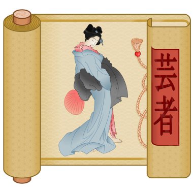 Parşömen üzerinde kimonosu olan Japon bir kadının vektör tasarımı parşömen üzerinde geyşa çizimi geleneksel Japon sanatı.