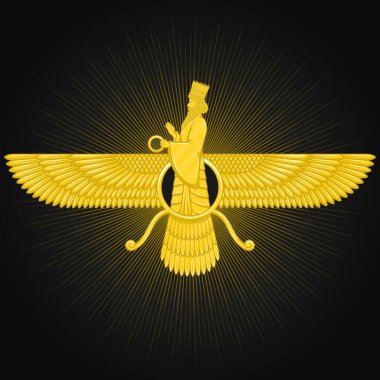 Altın rengi Zoroastrianizm Sembolü 'nün vektör tasarımı, altın rengi Faravahar sembolü