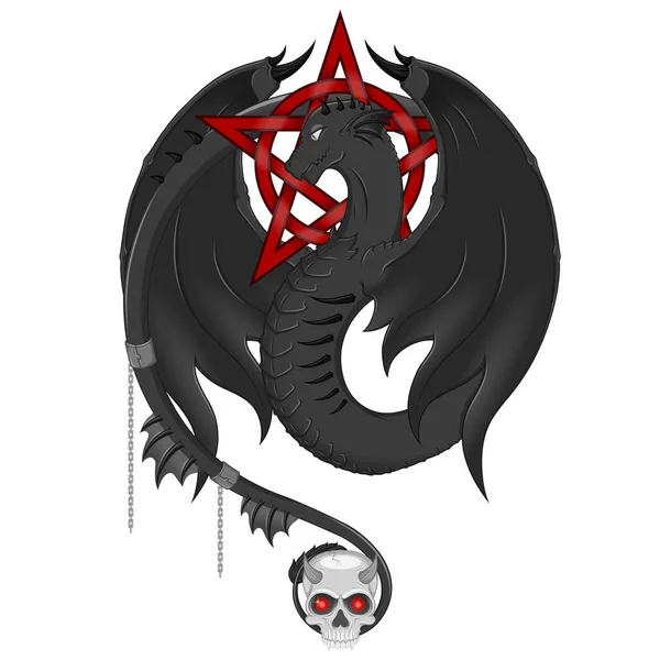 Designul Vectorial Dragonului Vestic Aripi Dragon Pentagramă Craniu — Vector de stoc