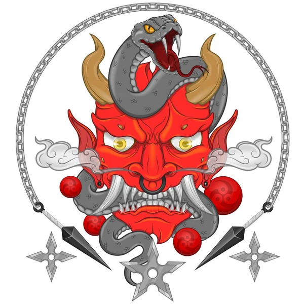 Japans Traditioneel Demon Vector Ontwerp Met Slang Oni Japanse Demon — Stockvector