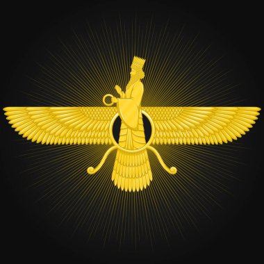 Altın rengi Zoroastrianizm Sembolü 'nün vektör tasarımı, altın rengi Faravahar sembolü