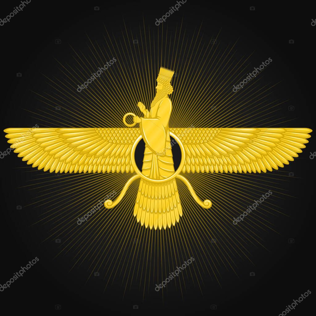 Vector design of Symbol of Zoroastrianism in gold color, Faravahar symbol in gold color
