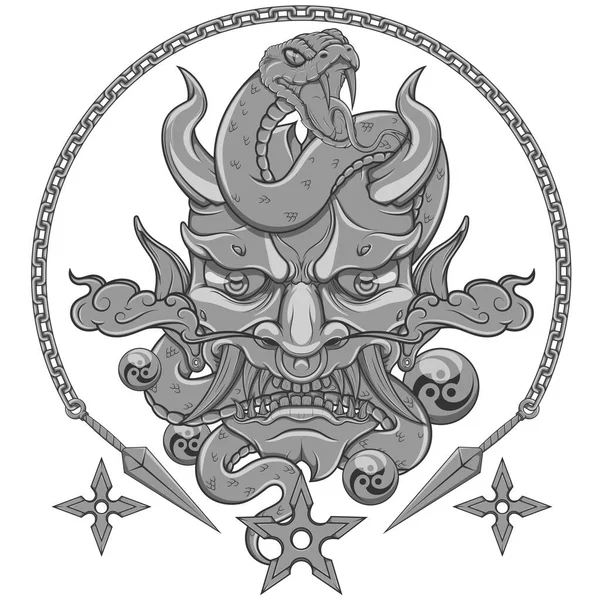 Японский Традиционный Векторный Дизайн Демона Змеей Oni Японский Демон Хання — стоковый вектор