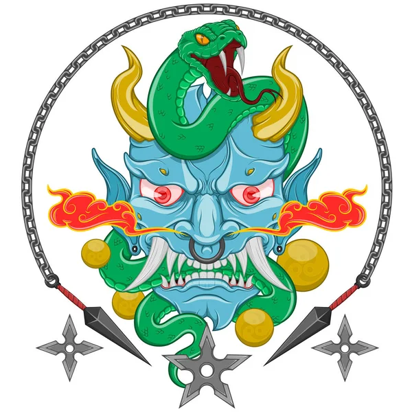 ヘビと日本の伝統的な鬼ベクトルデザイン ヘビと鬼日本の鬼般若マスク — ストックベクタ
