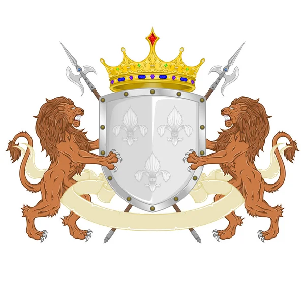 Crowned Heraldic Shield Three Silver Fleur Lys Flanked Two Rampant — Image vectorielle