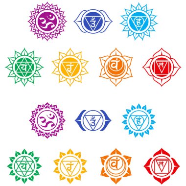 Yedi çakra enerji merkezinin vektör tasarımı, Hinduizm doktrininin bir sembolü insan vücudunun yedi çakrasını kendi renkleriyle gösteriyor.