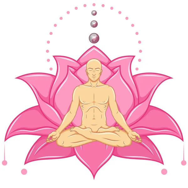 Nilüfer pozisyonunda meditasyon yapan insanın vektör tasarımı, arka planda yoga yapan adamın ve nilüfer çiçeğinin