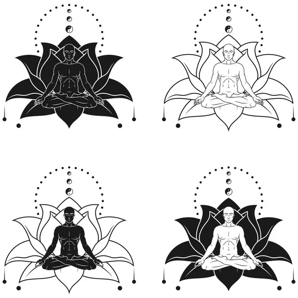 Vektordesign Des Meditierenden Menschen Lotusposition Der Yoga Macht Und Lotusblume — Stockvektor