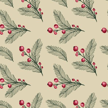 Dalları, çilek ve çiçekler ile yeni yıl sorunsuz desen. Noel çiçek el çizilmiş şal kağıt veya kumaş tasarımı.