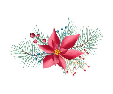 Beyaz arka planda izole edilmiş vektör Noel süslemeleri. Noel çiçekli şenlik öğesi