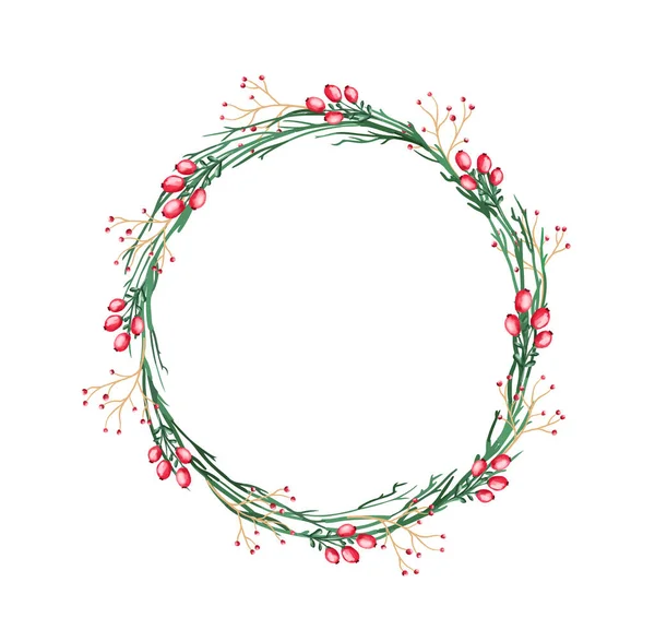 Corona Navidad Redonda Vectorial Con Flores Invierno Aisladas Blanco Para — Archivo Imágenes Vectoriales