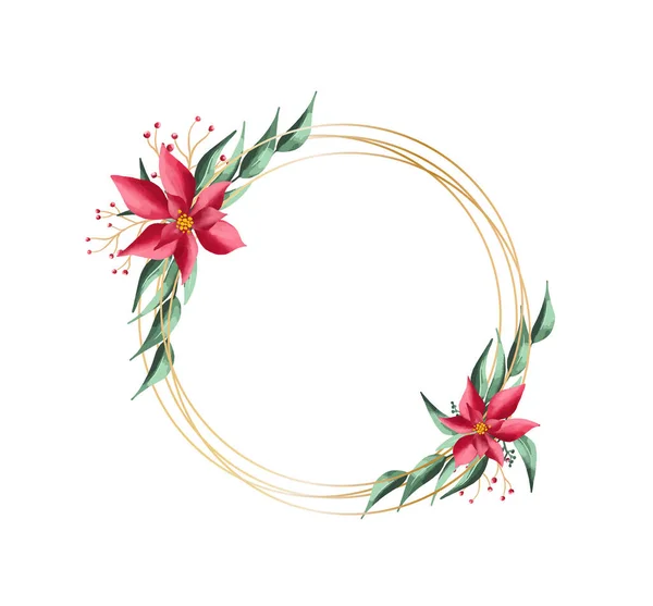 Couronne Noël Ronde Vectorielle Avec Fleurs Hiver Isolées Sur Blanc — Image vectorielle