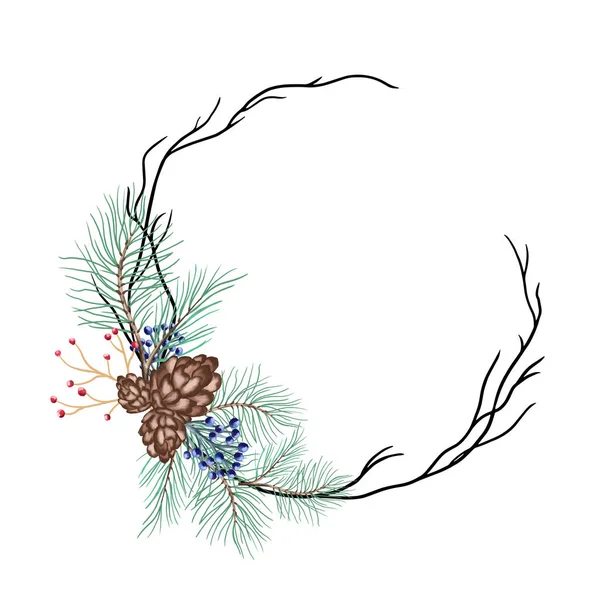 Vector Rond Kerstkrans Met Winterbloemen Geïsoleerd Wit Voor Feestelijke Decoratie — Stockvector