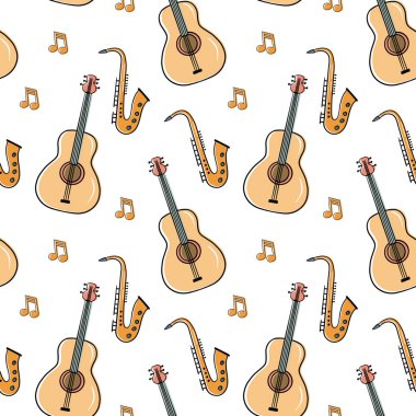 Müzik aletleri kusursuz desen. Akordiyon, trompet, saksafon, Fransız kornosu, çello, marakas, son moda düz çizgili müzik notaları. Web arkaplanı, kumaş, kağıt için güzel tasarım. 