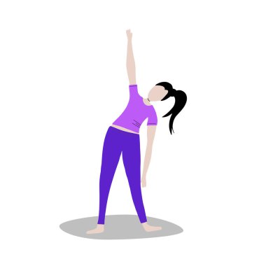 Kadın spor yapıyor, yoga yapıyor. Akciğerler ve çömelmeler, kalas ve kalas. Tüm vücut egzersizi. Vektör illüstrasyonu