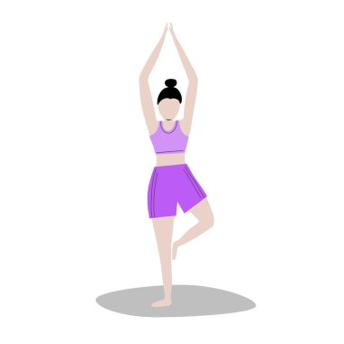 Kadın spor yapıyor, yoga yapıyor. Akciğerler ve çömelmeler, kalas ve kalas. Tüm vücut egzersizi. Vektör illüstrasyonu