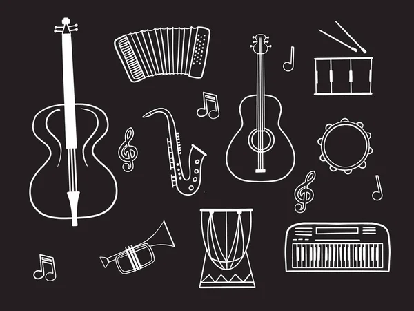 Μουσικά Όργανα Ζωγραφισμένα Κιμωλία Μαύρο Φόντο Εικονογράφηση Διάνυσμα Επίπεδο Στυλ — Διανυσματικό Αρχείο