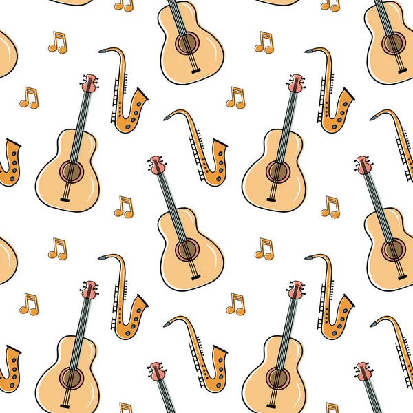 Instrumentos Musicales Patrón Sin Costura Acordeón Trompeta Saxofón Cuerno Francés — Vector de stock