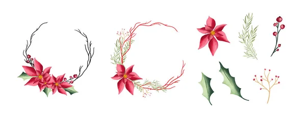 Vector round Christmas wreath with with winter flowers isolated on white. — Stock Vector