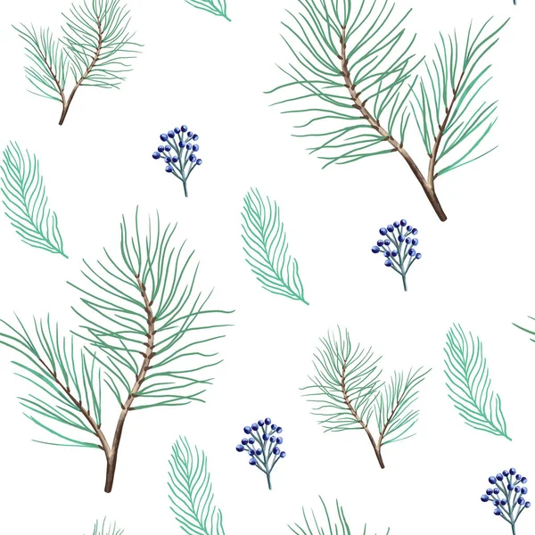 New year seamless pattern with branches, berries and flowers. — Stock vektor