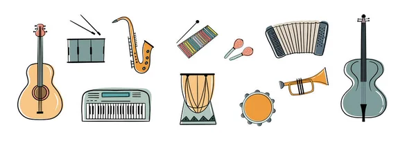Μουσικά όργανα-πολύχρωμα αντικείμενα επίπεδης σχεδίασης στυλ — Διανυσματικό Αρχείο