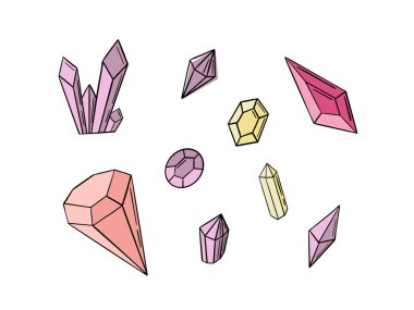 Grafik kristalleri çizgi halinde çizilmiş ve beyaz arkaplanda izole edilmiş. Geometrik çokyüzlü, Art deco tarzı düğün davetiyesi, lüks şablonlar. Renkli set