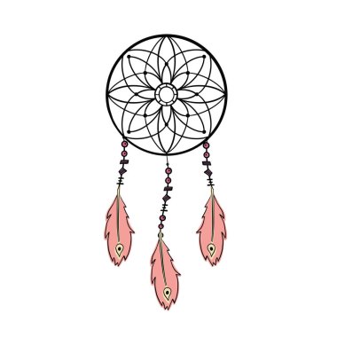 Elle çizilmiş Kızılderili tılsımı tüyleri ve ayı olan düş kapanı. Etnik tasarım, boho şıklığı, kabile sembolü. Rüya Yakalayıcı ile vektör etnik baskı tasarımı.