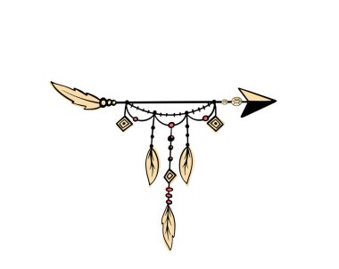 Etnik 'ten yaratıcı Boho tarzı Frames Mady. Tüyler, Oklar ve Çiçek Elementleri. Arka plandaki metnin için yer var. Vektör illüstrasyonu