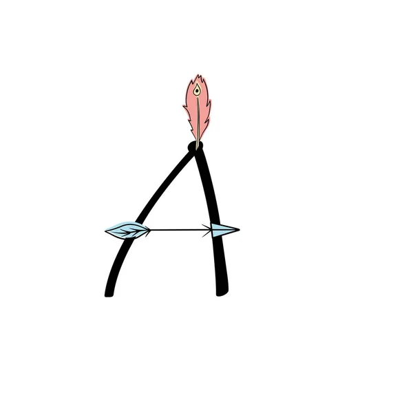 Carta de Inglês. alfabeto latino letra decorada com penas e setas, monograma ilustração vetorial em estilo boho simples — Vetor de Stock