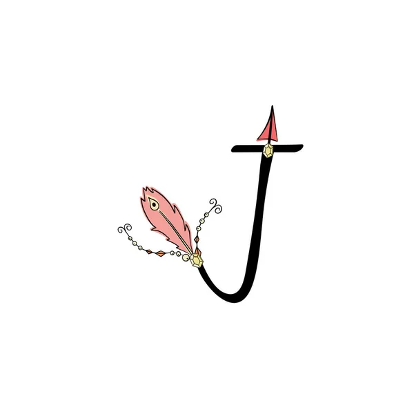 Skrivelse på engelska. Latin alfabetet brev dekorerad med fjädrar och pilar, monogram vektor illustration i enkel boho stil — Stock vektor
