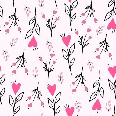 Elle çizilmiş kırmızı kalplerle kusursuz bir romantik düzen. Renkli karalama kalpleri. Tasarım, kartpostallar, baskı, poster, parti, Sevgililer Günü, klasik tekstil için hazır şablon. Vektör.