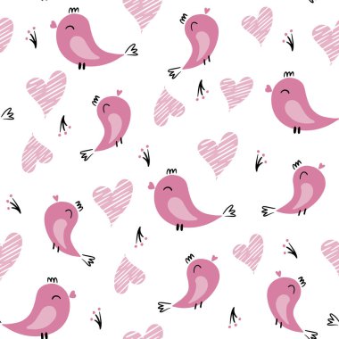 Elle çizilmiş hassas kalpler ve kuşlarla kusursuz bir romantik düzen. Renkli karalama kalpleri. Tasarım, kartlar, baskı, poster, parti, Sevgililer Günü, klasik tekstil için hazır şablon. Vektör.