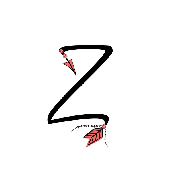 Brief van Engels. Latijnse alfabet brief versierd met veren en pijlen, monogram vector illustratie in eenvoudige boho stijl — Stockvector