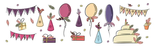 Tüyleri, elmasları, doğum günü pastaları, okları ve bayrakları olan Boho ikonu koleksiyonu. Boho biçiminde vektör illüstrasyonu — Stok Vektör