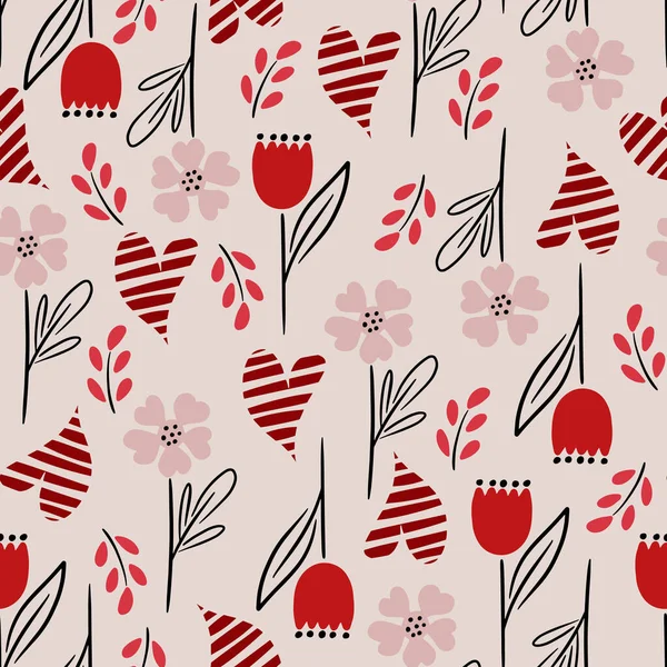 Patrón Romántico Sin Costuras Con Corazones Rojos Dibujados Mano Flores — Archivo Imágenes Vectoriales