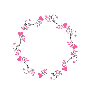 Aşk kalp şeklinde sınır. Kalpler yuvarlak çelenk şeklinde, sevgililer günü selamları, romantik sevimli sevimli vektör çerçeve şablonu