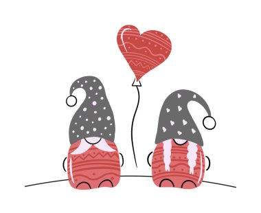 Kalpli ve sevgi dolu iki cücenin vektör çizimi. Ne olursa olsun seni seviyorum Cüce. Sevgililer Günü posteri, tebrik kartı, baskı. Kalpli Valentine Cüceleri.