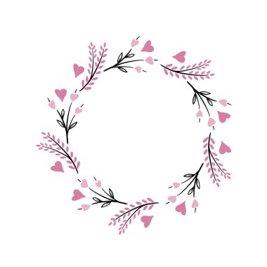 Aşk kalp şeklinde sınır. Kalpler yuvarlak çelenk şeklinde, sevgililer günü selamları, romantik sevimli sevimli vektör çerçeve şablonu