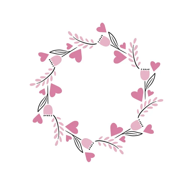 ハート形の丸い花輪、バレンタインデーの挨拶、ロマンチックな素敵なかわいいベクトルフレームテンプレート — ストックベクタ