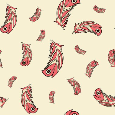 Boho tüyleri pürüzsüz desen. Tekstil, kumaş, kağıt, çocuk odası tasarımı için renkli çizimler. Renkli vektör illüstrasyonu