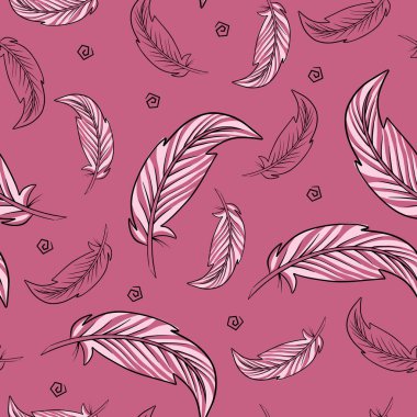 Boho tüyleri pürüzsüz desen. Tekstil, kumaş, kağıt, çocuk odası tasarımı için renkli çizimler. Renkli vektör illüstrasyonu