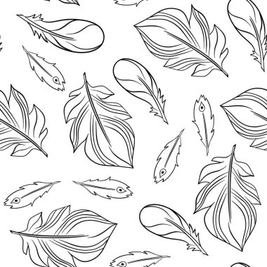 Boho tüyleri elle çizilmiş, pürüzsüz desen. Tekstil, kumaş, kağıt, çocuk odası tasarımı için renkli çizimler. Vektör illüstrasyonu beyaz arkaplanda izole edildi