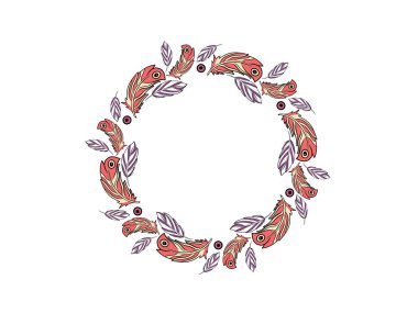 Boncuklu, kolyeli, tüylü ve kristalli yuvarlak metin çerçeveleri. Vintage Şablon çelengi, yuvarlak çerçeve. Vektör illüstrasyonu