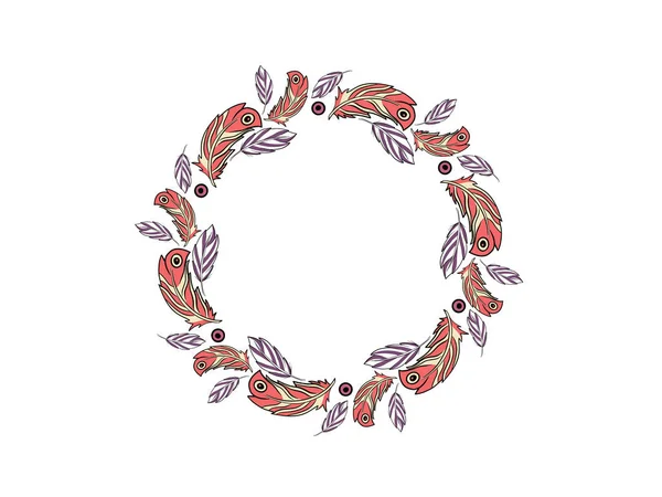 圆圆的文字框架在Boho风格与珠子 羽毛和水晶 老式模板花环 圆形框架 矢量说明 — 图库矢量图片